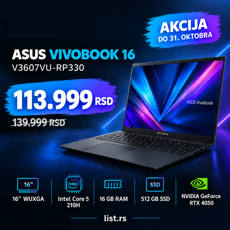 ASUS Vivobook 16 V3607VU-RP330 (16 inča WUXGA, Core 5 210H, 16GB, SSD 512GB, RTX 4050) laptop Šifra proizvoda: NOT25199