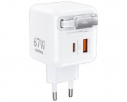 Brzi punjač za mobilni cena - Strujni Fast teleskopski punjac Dolly GAN (1x USB Tip-A 3.0 +1x USB Tip-C) 67W, sa integrisanim USB Tip-C kablom 0.5m, beli