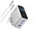 100W GaN zidni brzi punjač, 3-porta (2x USB-C i 1x USB-A) sa USB-C M/M pletenim kablom, srebrni